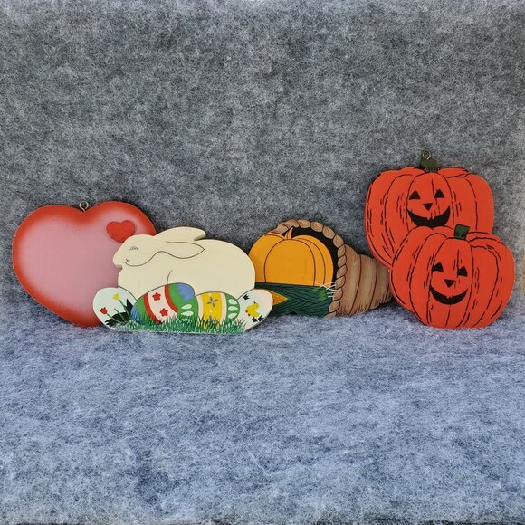 VTG Wooden Holiday Decor Set Of 4 Easter Bunny Pumpkins Heart Cornucopia 1980s - Picture 1 of 15